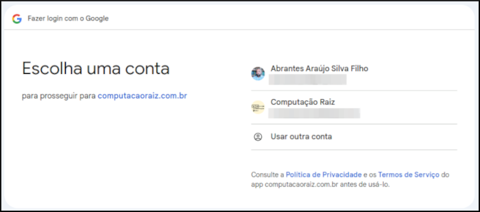 Tela de escolha de email do Google